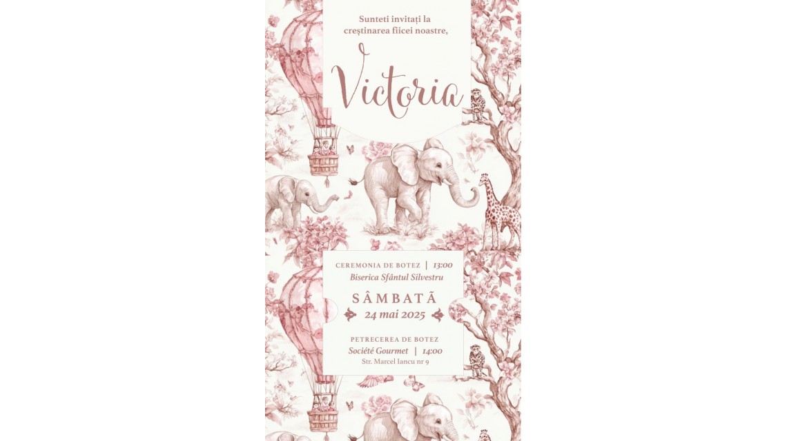 Invitație digitală botez fetiță Pink Safari Toile de Jouy Animale sălbatice și flori pastel Invitație electronică personalizată 1
